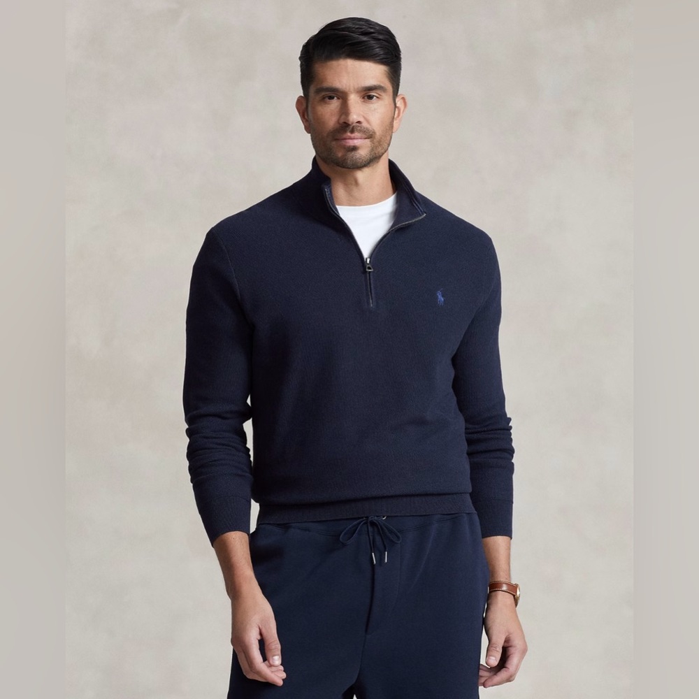 Polo Ralph Lauren Mesh Knit Pima Cotton Quarter Zip Sweater Navy Small